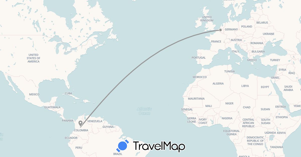 TravelMap itinerary: driving, plane in Belgium, Colombia (Europe, South America)